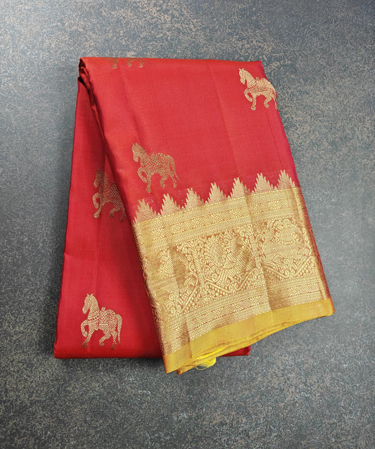 Scarlet Stallion - Handwoven Kancheevaram pure silk saree