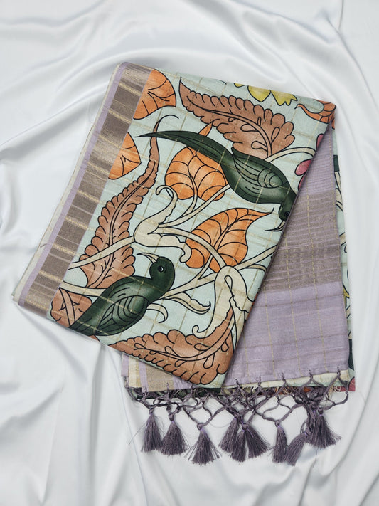 Whispers of nature - Raw Silk Kalamkari print saree